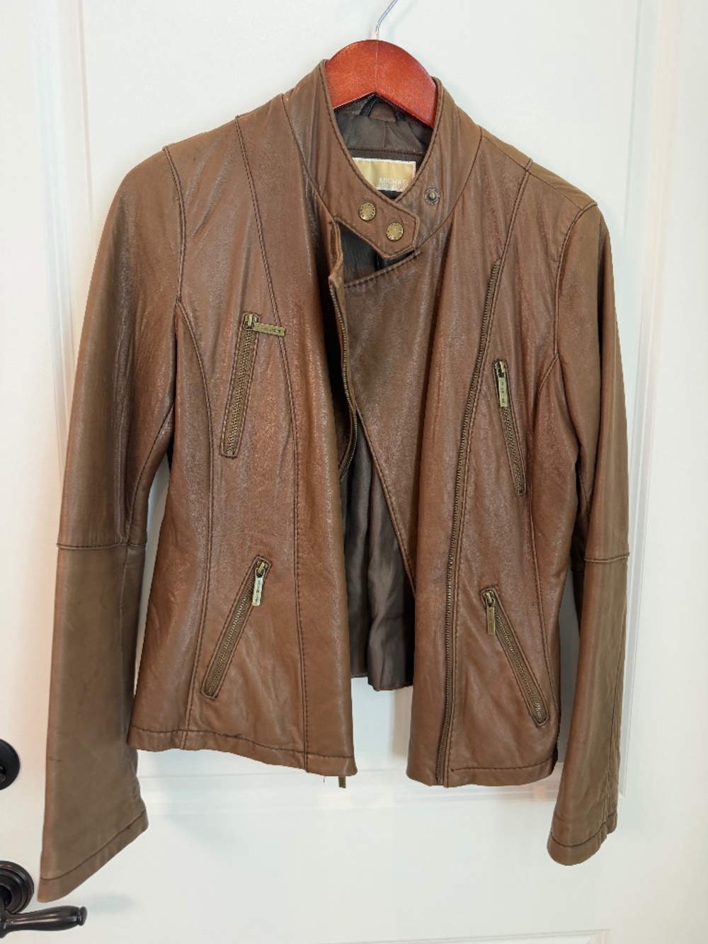 MICHAEL Michael Kors Brown Leather Moto Jacket - M / Medium